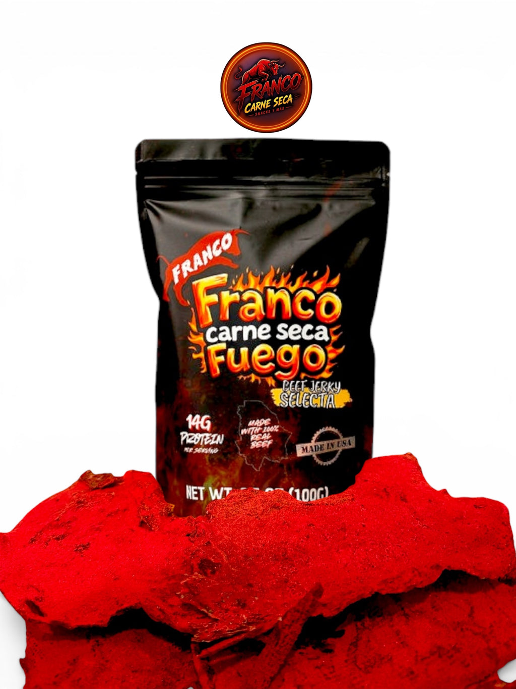 FUEGO 🔥 Carne seca, beef jerky Mexican style, Fuego flavor 3.5 oz, Franco Carne seca snacks & más.