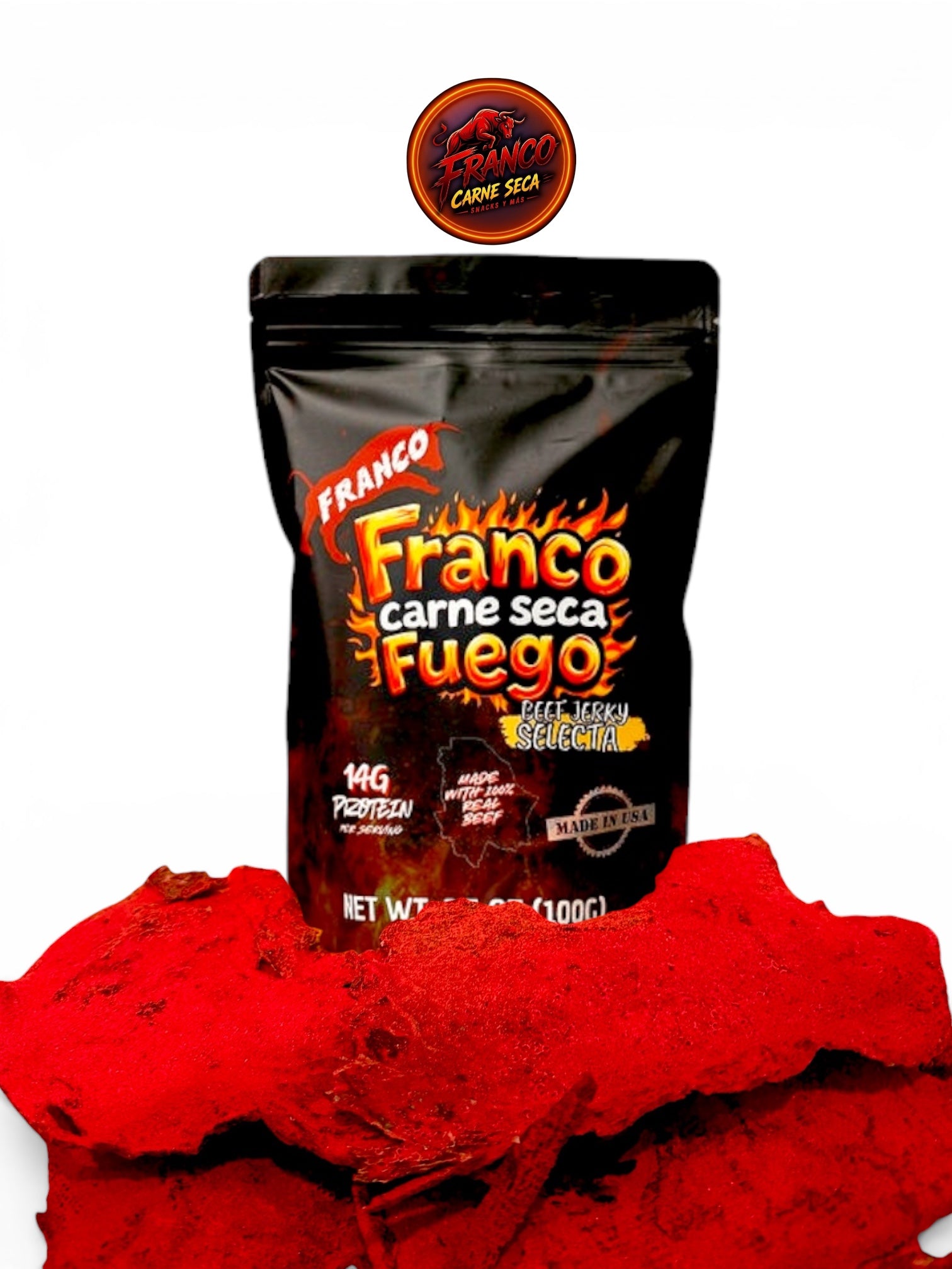 FUEGO 🔥 Carne seca, beef jerky Mexican style, Fuego flavor 3.5 oz, Franco Carne seca snacks & más.